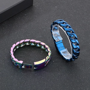 Polished 15mm Cuban link stainless steel bracelets in rainbow and blue metallic finish