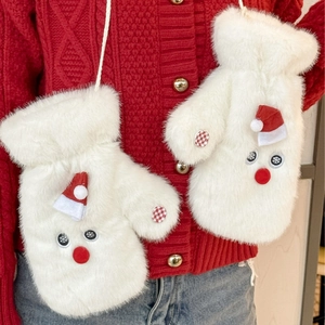 Plush white snowman mittens with red hat and hanging string for winter warmth