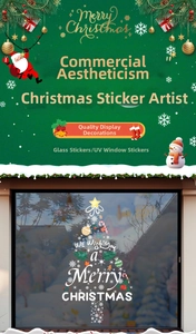 Close-up of UV printed Christmas tree window sticker with festive lettering and colorful decor