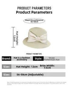 Size chart showing 56-58cm head circumference for the woven straw sun hat with bow