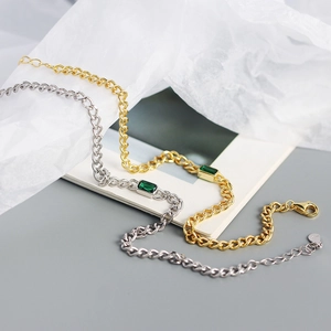 Elegant S925 sterling silver chain bracelet with emerald green rectangular gemstone