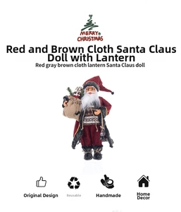 Detailed view of Santa Claus figurine with red fabric, linen bag and classic lantern