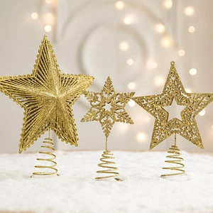 Christmas Tree Topper Star Gold Glitter Hollow Wrought Iron Holiday Party Decoration With Spiral Spring Base