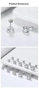 Close-up of S925 sterling silver stud earrings with 4-prong set sparkling round zircons