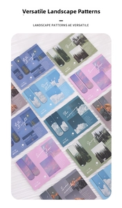Detail of landscape magnetic bookmarks with aesthetic sunset and forest scenery