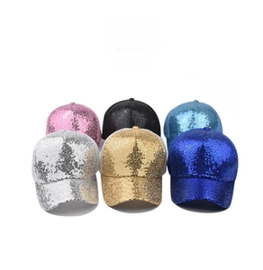 Detailed view of sequin baseball caps in six colors with breathable mesh back design