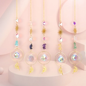 Set of 5 crystal suncatchers with metal moon fairy pendants and natural stone accents
