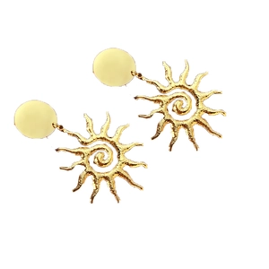 18k gold plated stainless steel sunflower earrings with hammered spiral drops on white background