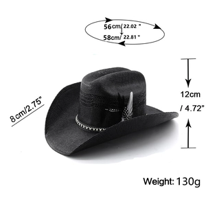 Straw cowboy hat size specs showing 56-58cm circumference, 8cm brim, and 12cm height
