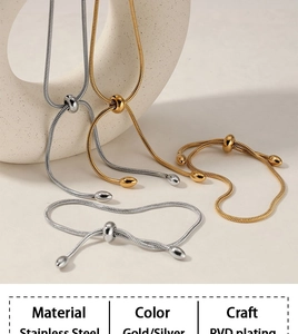 Detail of adjustable stainless steel snake chain sets with PVD plating and slider beads