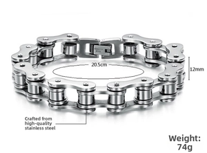 Detail of industrial bicycle chain bracelet in stainless steel showing 12mm width specs