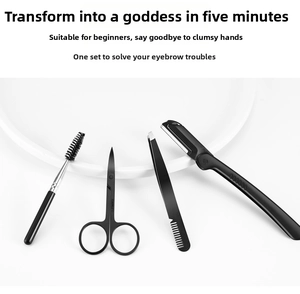 Detail view of 4-piece black stainless steel eyebrow grooming set with scissors and tweezers