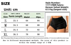 Size chart for slim stretch velvet shorts showing measurements in cm from S to XL