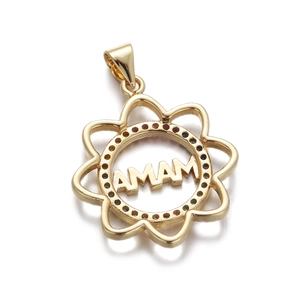Gold MAMA flower pendant necklace with colorful gemstones on a white background