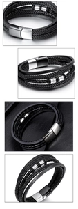 Detailed macro view of multilayer braided leather straps and magnetic clasp on men's bracelet