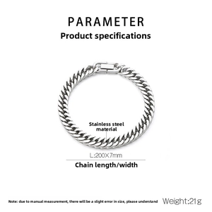 Detail view of 7mm stainless steel cuban link bracelet with dimensions and fold-over clasp