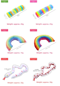 Detailed view of colorful plush pet toys featuring catnip pillows and snake shapes