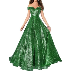 Robe de soirée trapèze à paillettes vert émeraude avec épaules dénudées