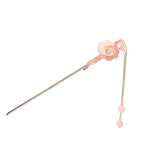 Golden hair pin with pink cloud motif, white imitation jade and elegant tassels