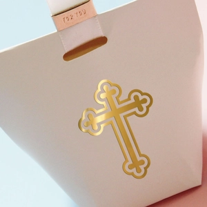 White wedding candy box with golden cross and metal handle for baptism or parties