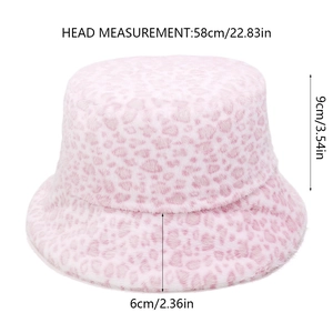 Pink leopard faux fur bucket hat with detailed size measurements for head circumference