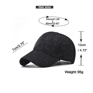 Size chart showing baseball cap brim length, height and adjustable head circumference