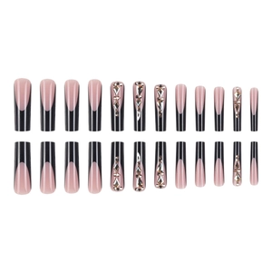 24pcs long coffin black French press-on nails with rhinestones and pink base design