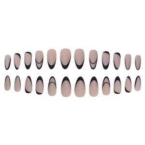 Matte black line drop almond press-on nails with nude base color 24pcs set