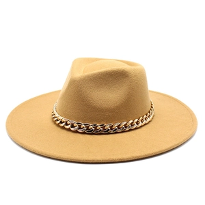 Detail of camel wool fedora hat featuring a wide flat brim and gold metal chain band