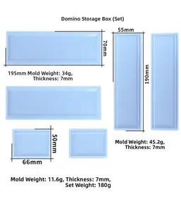 Detailed dimensions and weight specs of blue silicone domino storage box mold kit
