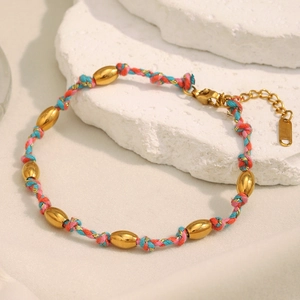 Bracelet à perles plaqué or 18 carats avec cordon tressé coloré et fermoir mousqueton