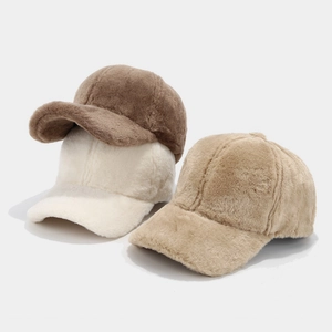 Winter plush baseball caps in coffee, beige, and khaki with thick faux fur texture