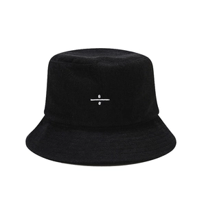 Classic black towel fabric bucket hat with white embroidery logo on white background