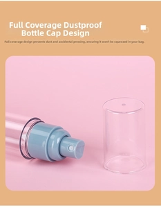 Detail of clear dustproof cap on portable spray bottle for travel and leakproof storage