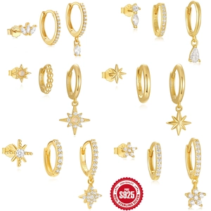 925 Sterling Silver Octagram Star Earrings Set Gold Plated Zirconia Opal Hoop Earrings Star Stud Earrings Jewelry For Women