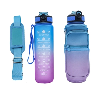 Detail of gradient blue-purple neoprene water bottle sleeve with adjustable shoulder strap