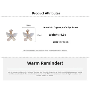 Detail view of cat eye stone butterfly stud earrings with dimensions and material specs