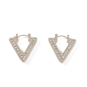 Elegant geometric V-shaped silver earrings with sparkling zircon inlay on white background