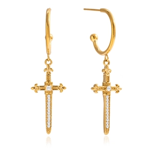 18k gold plated stainless steel cross sword earrings with sparkling white cubic zirconia