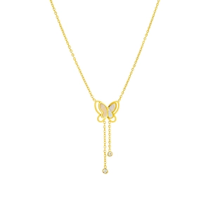 Collier Pendentif Papillon En Acier Titane Plaqué Or Incrustation Nacre Double Gland Zircon Chaîne Clavicule Femmes