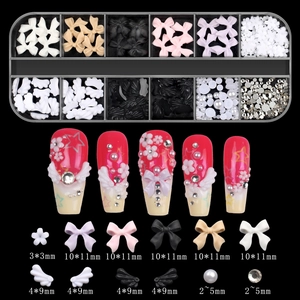 Macro view of 12-grid nail art kit featuring aurora bows, pearls and resin charms