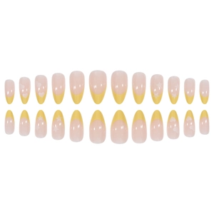 French almond press-on nails in yellow and pink with star and heart designs