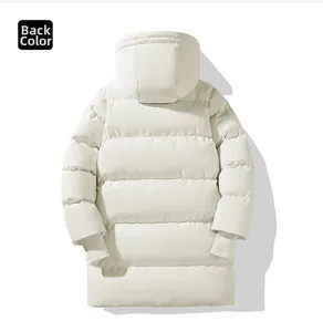 Back view of men's hooded quilted long jacket in beige with windproof ribbed cuffs