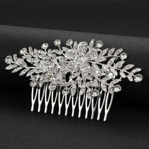 Squisito pettine per capelli da sposa con foglie argentate e strass brillanti per matrimoni