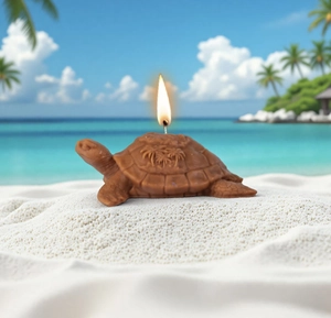 Gedetailleerde schildpadgeurkaars met palmboomgravure op tropisch zand bij de zee