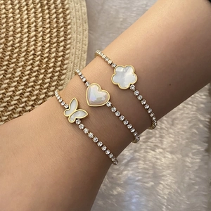 Stainless Steel Bracelet For Women Shell Butterfly Heart Flower Pendant Rhinestone Inlaid Adjustable Gold Plated Jewelry