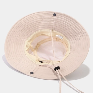 Beige outdoor sun hat with wide brim, breathable mesh lining and adjustable wind cord