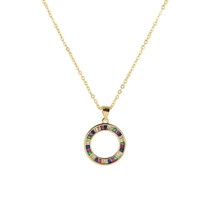 18K gold plated tree of life necklace featuring a circular rainbow zircon pendant