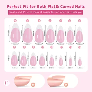 Detailed size chart showing fifteen dimensions for almond-shaped French press-on nails