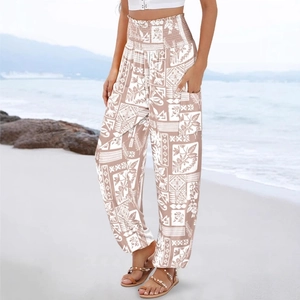 Bohemian high-waist floral print trousers for women with elastic waist and side pockets